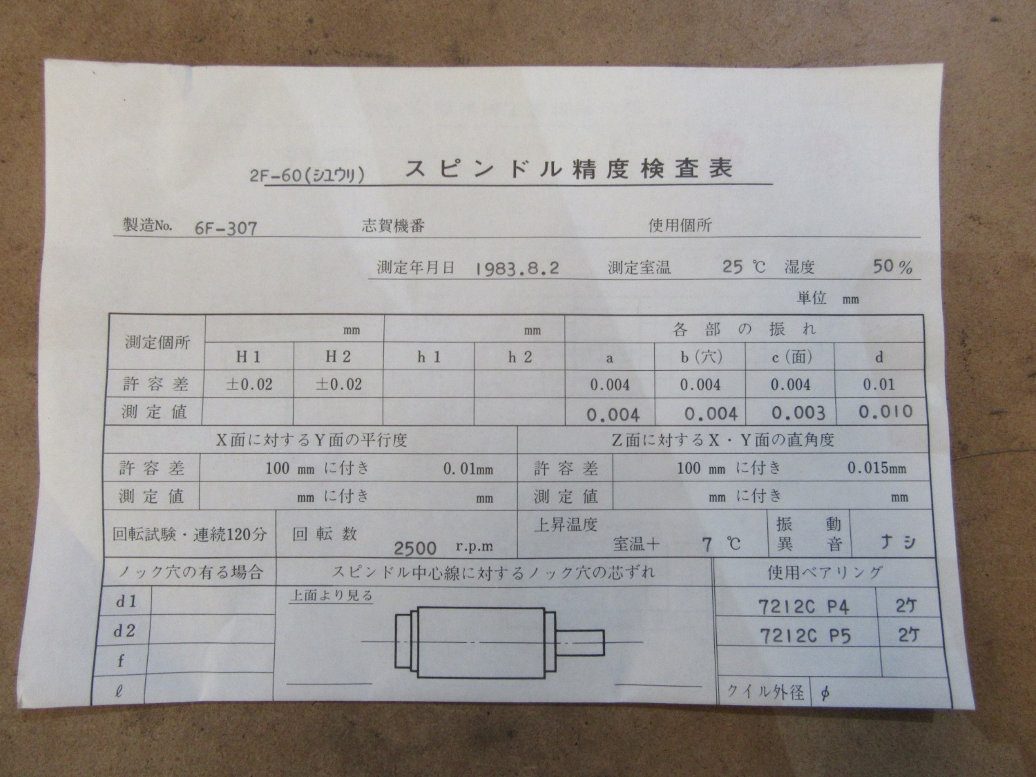 中古その他 [スピンドル精度検査表] 2F-60 志賀機械