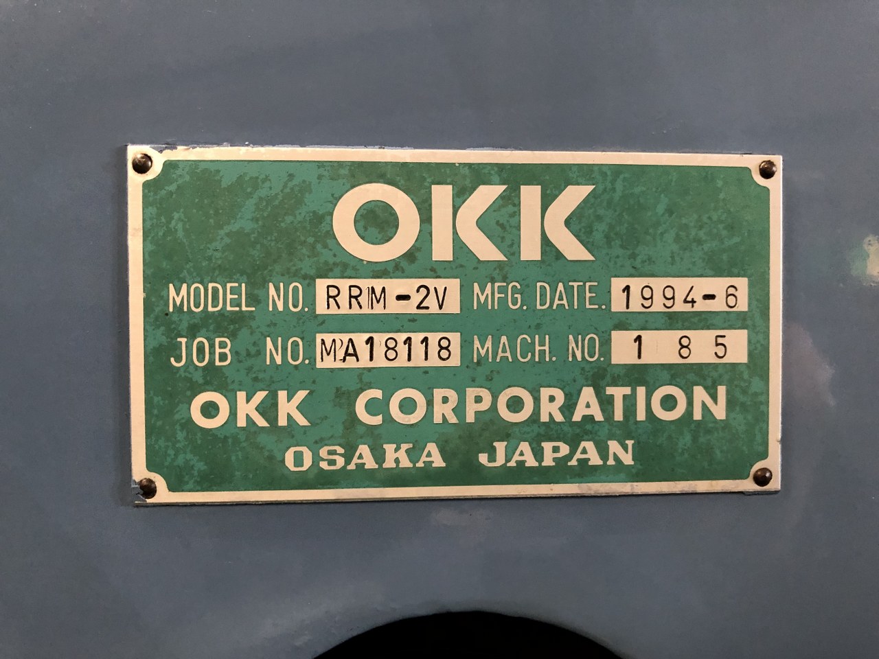 OKK CNC Vertical Milling Machine RRM-2V 1994 Nameplate Photo